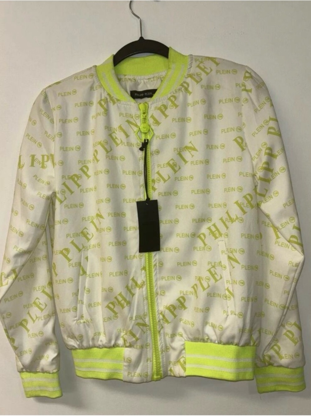 NWT Philipp Plein All-Over Logo Bomber Jacket – White / Neon – Size M